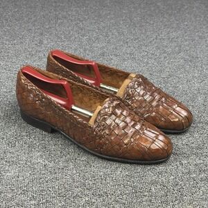 Moreschi Woven Leather Loafers Mens 10 Brown Handmade Italy Basket Weave Slip On
